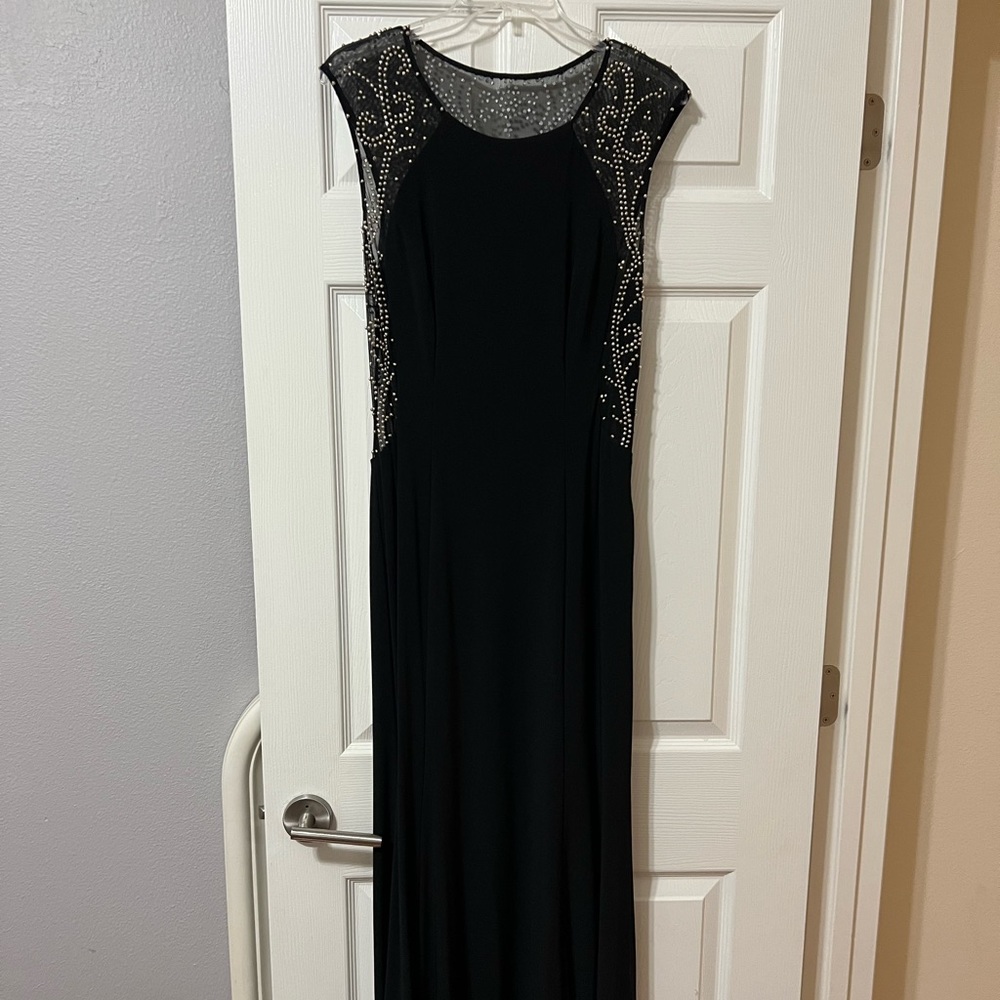 Black formal dress with gold beaded accents